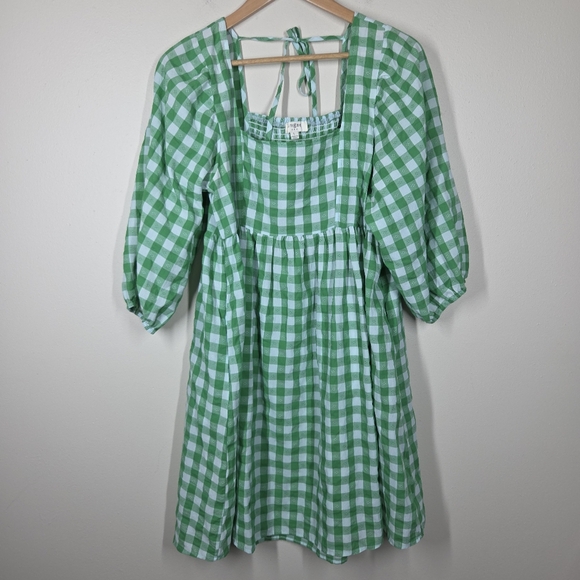 Umgee Green Blue Gingham Babydoll Mini Dress 3/4 Sleeve Tie Back Large Preppy - Picture 1 of 9